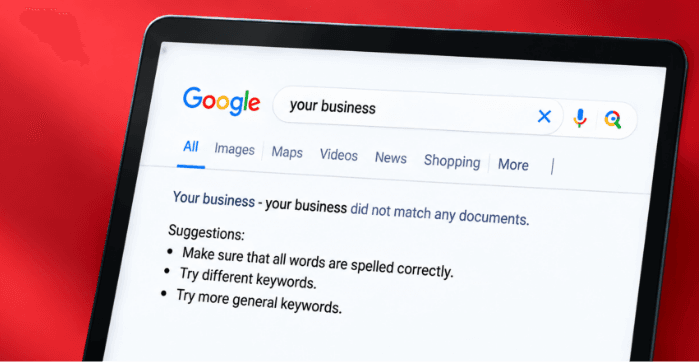Laptop screen showing a Google search for a business that returns no results