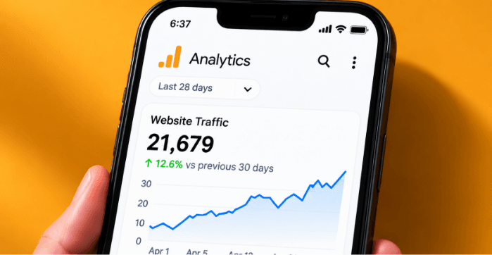 Phone showing a website analytics dashboard with traffic and channel data